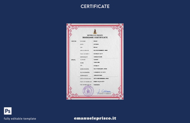 modello PSD di certificato di matrimonio Vanuatu in stile verificato